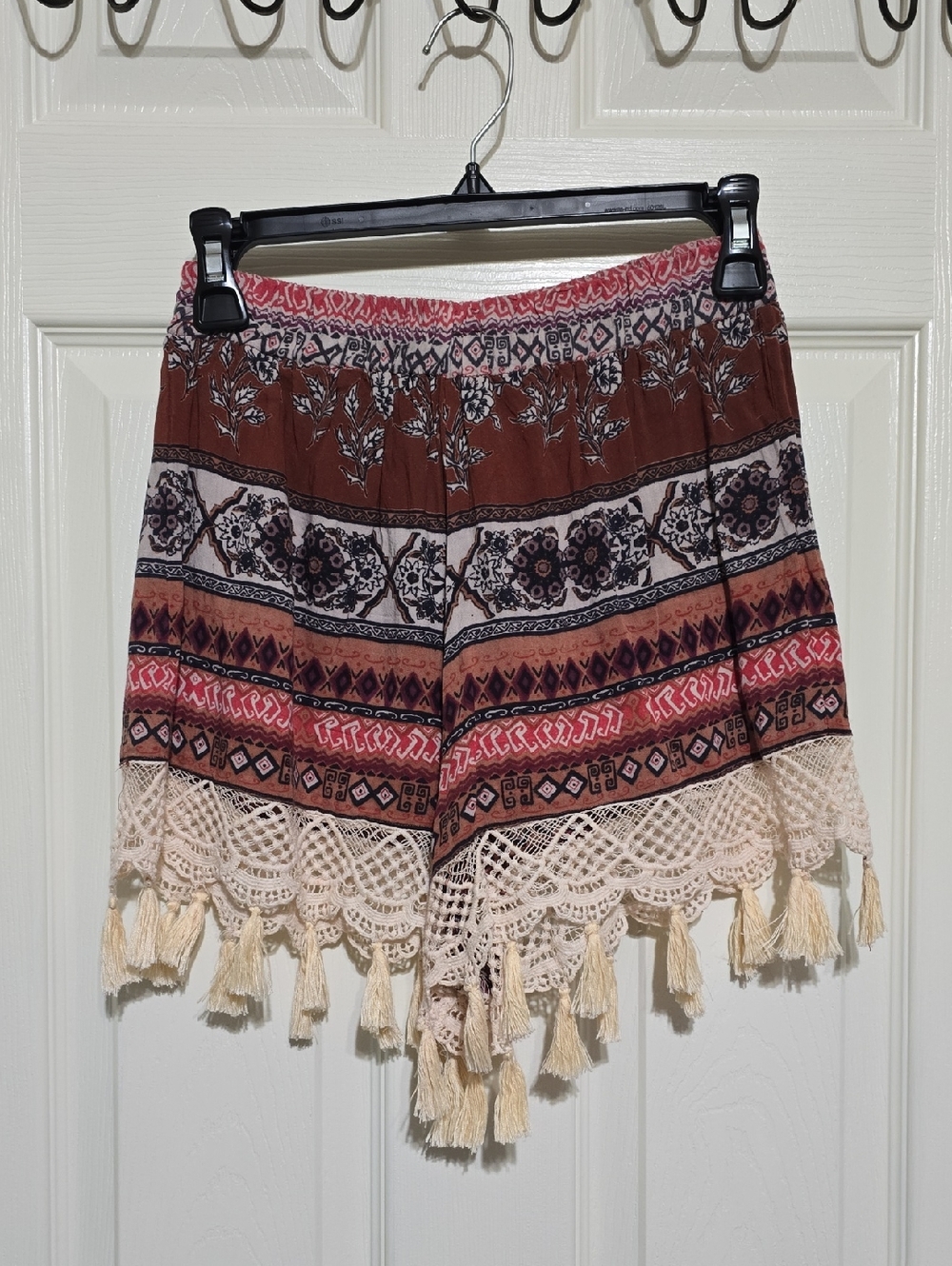 Angie Printed Elastic-Waist Shorts in Rust, Purple & Pink